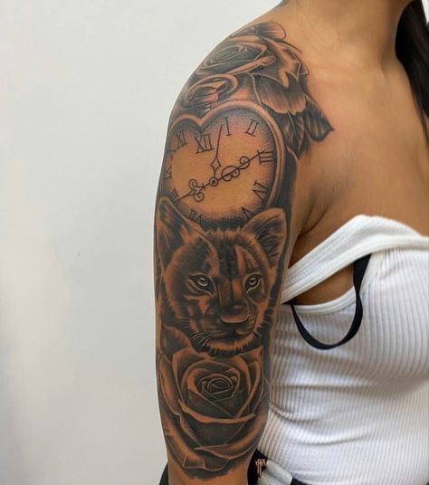 Lion Tattoo For Black Women Arm, Fore Tattoos For Women, Sleeve Tattoo On Black Women, Lower Arm Sleeve Tattoo Black Women, Women Shoulder Sleeve Tattoo, Feminine Tattoo Sleeves Black Women, Sleeve Tattoos On Black Women, Girls Sleeve Tattoo Ideas Black Women, Cute Arm Tattoos For Black Women