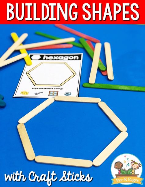 Building Shapes with Craft Sticks Preschool Building Activities, School Readiness Activities, Preschool Activities At Home, Shape Activities Preschool, Activity For Preschool, Cognitive Activities, Pre K Pages, Teaching Shapes, Craft Sticks