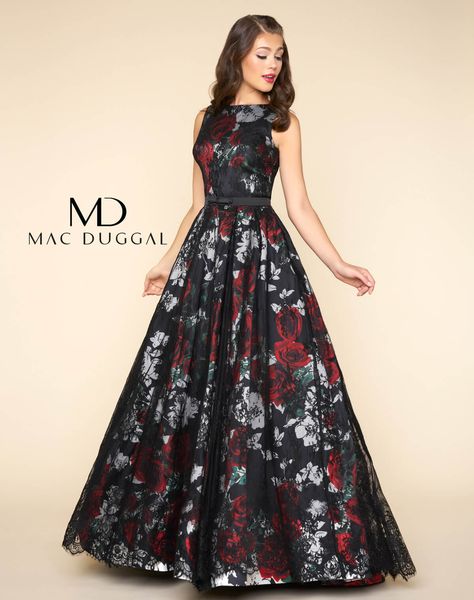 Sleeveless, boat neck, floor length, fit and flare ball gown in a black floral print with lace applique and satin belt. Prom Unique, Unique Gowns, Long Gown Dress, Mac Duggal Dresses, Indian Gowns Dresses, Indian Gowns, Grad Dresses, Maxi Robes, Mac Duggal