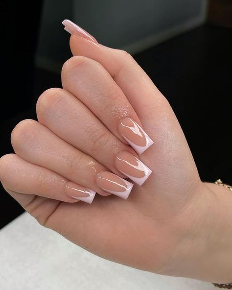 Pink French Tip Nails Medium Length, Pink French Tip Nails Square Medium, Short Square Acrylic Nails French Tips With Gems, Short French Tip Acrylic Nails With Charms, French Tip Nails With Gems, Short Square Acrylic Nails French Tips With Bow, Cute Simple Nails, French Acrylic Nails, Girly Acrylic Nails