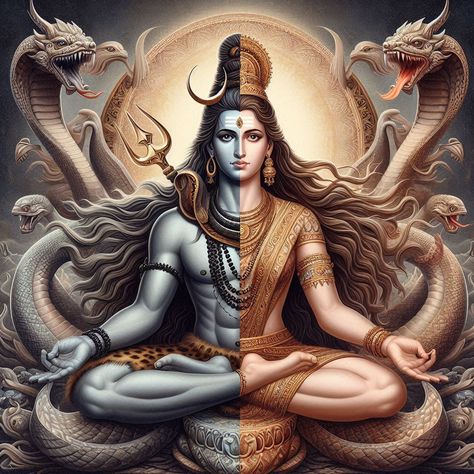 Shiva and Shakti: Ardhanarishvara, Guardians Encircled by Serpents Enter the mystical realm of Ardhanarishvara, where Shiva and Shakti unite as one divine being, surrounded by serpents as guardians of cosmic balance. This profound illustration symbolizes the harmonious union of masculine and feminine energies, embodying creation, destruction, and eternal renewal. Let the serpentine guardians guide you towards inner harmony and spiritual awakening. 🔱🌸🐍 #Ardhanarishvara #ShivaShakti #DivineUn... Shiva And Vishnu Together, Shiva Snake, Shiva With Snake, Shiva Ardhanarishvara, Lord Shiva With Snake, Ardhanarishvara Shiva Shakti, Shiva Shakti, Feminine Energy, Shiva