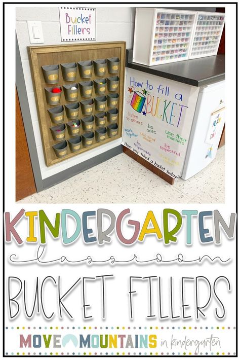 Bucket Fillers Kindergarten, Classroom Desk Configuration, Bucket Filler Kindergarten, Move Mountains In Kindergarten, Bucket Filler Display, Bulletin Board Ideas Kindergarten, Kindergarten Classroom Must Haves, Bucket Filler Bulletin Board, Kindergarten Sel