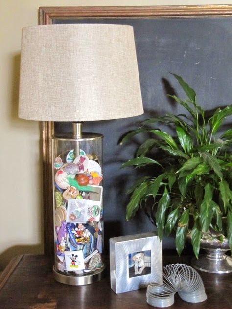 Memory jar lamps - A place to keep collectibles and memorabilia.  Blogger found fillable lamps at Target for $25. Fillable Glass Lamp Ideas, Glass Lamp Filler Ideas, Clear Lamp Base Filled Ideas, Fillable Lamp Ideas, Diy Memory Jar, Jar Of Memories Gift, Family Memory Jar, Jam Jar Lamps, Glass Jar Lamps