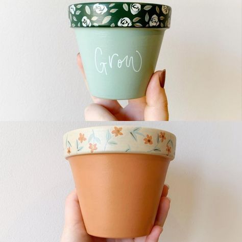 Mini Clay Pot Painting Ideas, Terracotta Pots Painting, Tiny Pot Painting Ideas, Ceramic Plant Pot Painting Ideas, Simple Pot Painting Ideas Creative, Pottery Painting Plant Pot, Plant Pot Painting Ideas Aesthetic, Diy Pot Painting Ideas, Cute Painted Pots