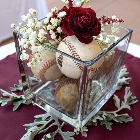 Wedding centerpiece for baseball groom Elegant Baseball Centerpieces, High School Baseball Banquet Decor, Baseball Wedding Decor, Baseball Centerpiece Ideas Diy, Baseball Centerpiece Ideas Banquet, Baseball Table Decor, Baseball Themed Centerpieces, Baseball Centerpieces Table Decorations, Baseball Table Decorations