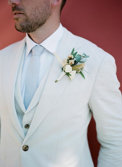 Groom Spring Suit, White Suit Blue Tie, White And Blue Groom Suit, White Suit With Light Blue Tie, White Suit With Blue Tie, Tan Suit Blue Tie, Pastel Tuxedo Men, Light Blue Wedding Party, Light Blue Tux