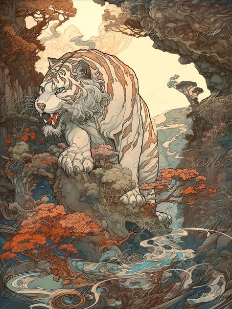 Japanese Creatures, Ancient Japan Art, Tiger Chinese Art, Tiger Japanese Art, Japanese Tiger Art, Mythical Tiger, Magic Tiger Fantasy Art, Chinese Dragon Art, Tiger Dragon