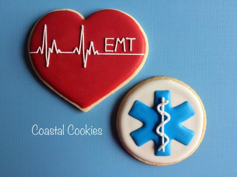 EMT Cookies Ems Cookies Decorated, Emt Cakes Graduation, Emt Decorations, Emt Themed Party, Emt Cakes Ideas, Emt Party Ideas, Ambulance Cookies, Emt Graduation Party, Ems Cookies