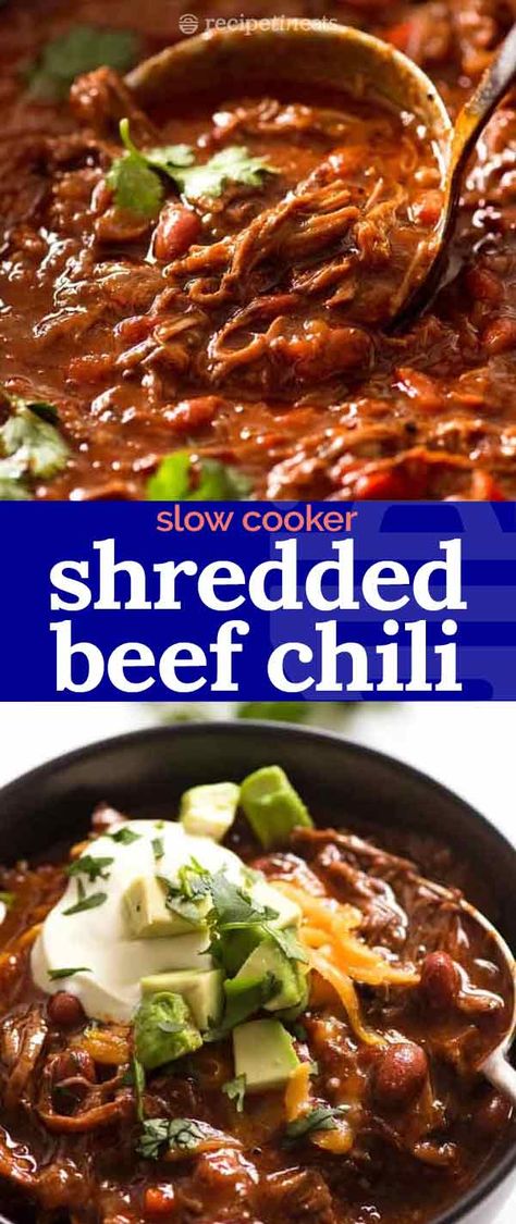 Shredded Beef Chili Recipe, Shredded Beef Chili, Beef Brisket Chili, Classic Chilli, Brisket Chili Recipe, Slow Cooker Shredded Beef, Con Carne Recipe, Beef Chili Recipe, Pulled Beef