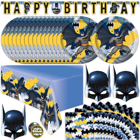 PRICES MAY VARY. Make Batman the super hero theme of choice for a fun and memorable birthday party! The Batman Birthday Party Supplies kit contains everything you need for easy, fast setup and takedown. Total Pieces -- This premium set includes enough Batman birthday decorations and themed supplies to host and decorate for a party of 16 guests: 1 table cover, 1 Happy Birthday Banner, 16 character masks, 16 large 9" paper plates, 16 paper napkins, and 1 It's My Birthday! button. Decorations -- Th Mens Birthday Party Decorations, Batman Party Supplies, Batman Party Decorations, Batman Birthday Party, Super Hero Theme, Batman Party, Batman Birthday, Mens Birthday Party, Fun Birthday Party