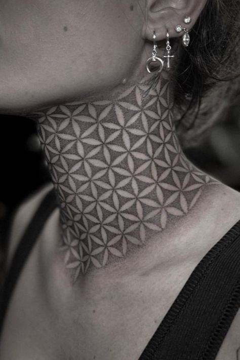 26 Celestial Star Neck Tattoo Ideas For Beauty Flower Of Life Tattoo Neck, Sacred Geometry Throat Tattoo, Flower Of Life Throat Tattoo, Honeycomb Throat Tattoo, Geometrical Neck Tattoo, Flower Of Life Filler Tattoo, Geometric Neck Tattoo For Women, Neck Tattoo Filler Ideas, Geometric Throat Tattoo For Women