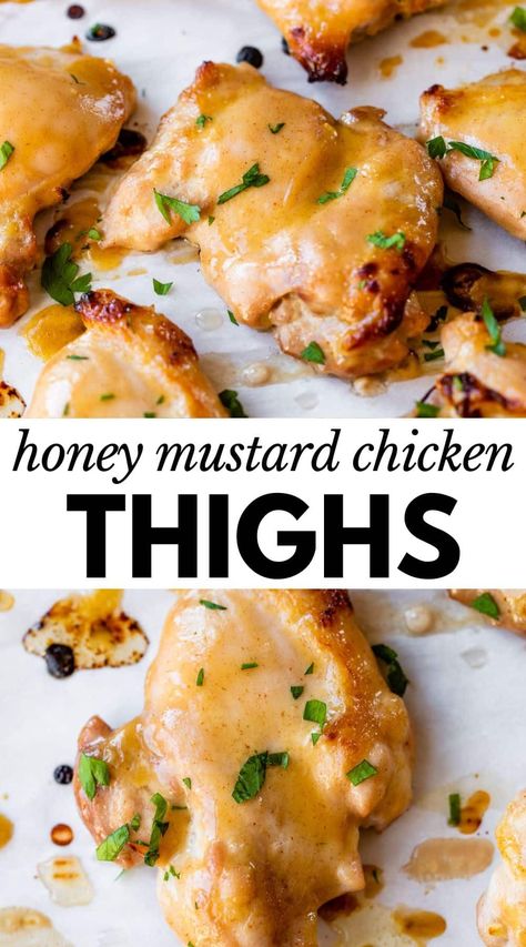 These foolproof Honey Mustard Chicken Thighs are sweet and savory with a touch of tang! After marinating in the simple honey mustard sauce, the thighs are baked and broiled, resulting in melt-in-your-mouth bites with crispy, charred edges. Weeknight Chicken Dinner, Baked Honey Mustard Chicken, Honey Mustard Chicken Thighs, Mustard Chicken Thighs, Chicken Thighs Dinner, Honey Mustard Recipes, Crockpot Chicken Thighs, Weeknight Chicken, Slow Cooker Chicken Thighs