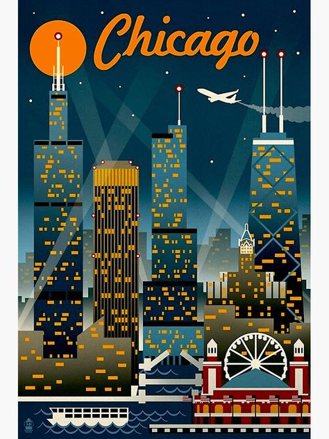 ""CHICAGO" Vintage Travel Advertising Print" Sticker by posterbobs | Redbubble Chicago Art Print, Chicago Poster, Poker Party, Chicago Art, Chicago Skyline, Skyline Art, The Windy City, Chicago Illinois, Retro Prints