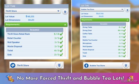 Separated ThrifTea Lot Types for Sims 4 at ModsHost! I created a mod that adds two new lot types to the game. This mod adds the Thrift Store lot type and the Bubble Tea Store lot type. I am not a big fan of being forced to build a tea shop in a thrift, so with this mod, you will be able to build... #sims #mods #game #videogames #gaming #sims4cc Sims 4 More Lot Types Mod, Sims 4 Lot Mods, Sims 4 Thrift Store Cc, Sims 4 Lot Types Mod, Bubble Tea Store, Sims Challenge, Retail Counter, Bubble Tea Shop, Sims 4 Game Mods