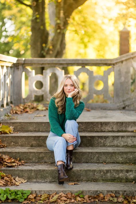 places to take senior pictures in pittsburgh, pittsburgh senior photographer, zelienople photographer, cranberry township photographer, mellon park senior photos Park Fall Photoshoot, Casual Senior Portraits, Stunning Senior Pictures, Poses On Steps Photo Ideas, Ault Park Senior Photos, Senior Formal Pictures, Fall Senior Picture Poses Women, Gen Z Photo Poses, Solo Photography Poses Women