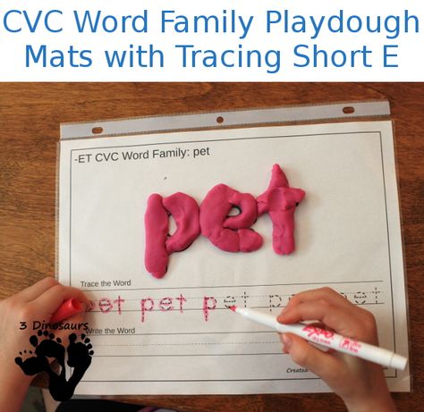 FREE CVC Word Family Playdough Mats With Tracing: Short E: -ed, -et, -en - 3Dinosaurs.com Family Playdough Mats, Short E Words, Writing Cvc Words, Free Educational Printables, Cvc Word Families, Dolch Words, Letter Find, Playdough Mats, Cvc Word