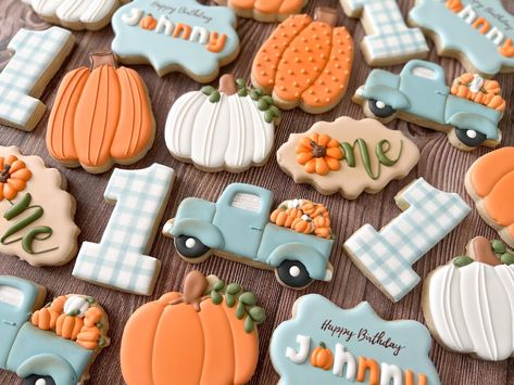 Pumpkin Patch Birthday Party, Fall First Birthday, Pumpkin Patch Birthday, Fall 1st Birthdays, First Birthday Cookies, Pumpkin Birthday Parties, 2nd Birthday Party For Boys, Pumpkin 1st Birthdays, Pumpkin First Birthday