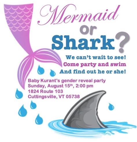 Gender Reveal Invite shark or mermaid Mermaid Gender Reveal, All About Sharks, Gender Party, Gender Reveal Invitations, Reveal Parties, Gender Reveal Party, Gender Reveal, Mermaid