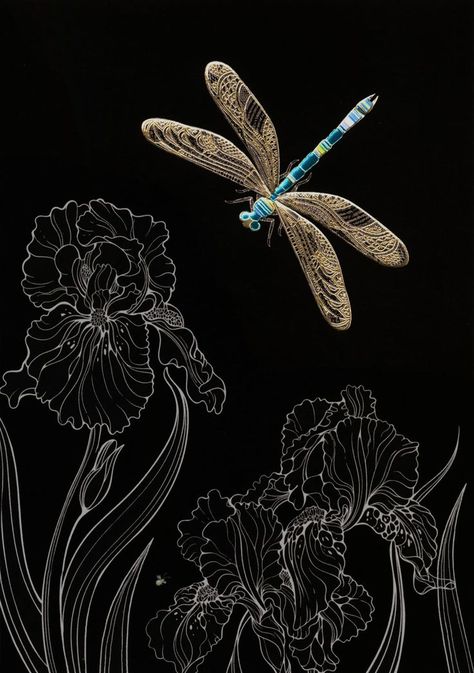 Painted Window Art, Dragonfly Artwork, Dragonfly Drawing, Gold Art Painting, Black Paper Drawing, Bug Art, Scratch Art, Mandala Art Lesson, Dark Art Drawings