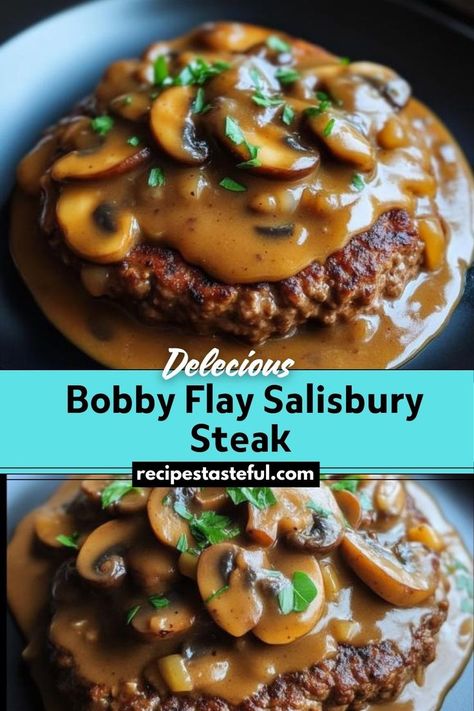 A comforting dish featuring tender ground beef patties topped with a rich mushroom gravy, perfect for family dinners or a satisfying weeknight meal. Beef And Mushroom Recipe, Salisbury Steak With Mushroom Gravy, Steak With Mushroom Gravy, Ground Beef Patties, Beef Patties Recipes, Salisbury Steak Recipe, Salisbury Steak Recipes, Beef Patties, Bobby Flay