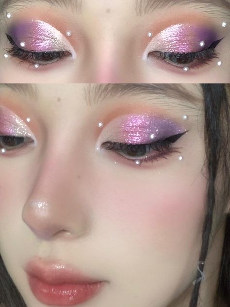 Fancy Eyeshadow Looks, Purple Pink Eyeshadow Looks, Fairy Tail Makeup, Fairy Makeup Purple, Pink Purple Eye Makeup, Light Purple Makeup Looks, Garden Fairy Makeup, Purple And Pink Makeup, Purple Prom Makeup