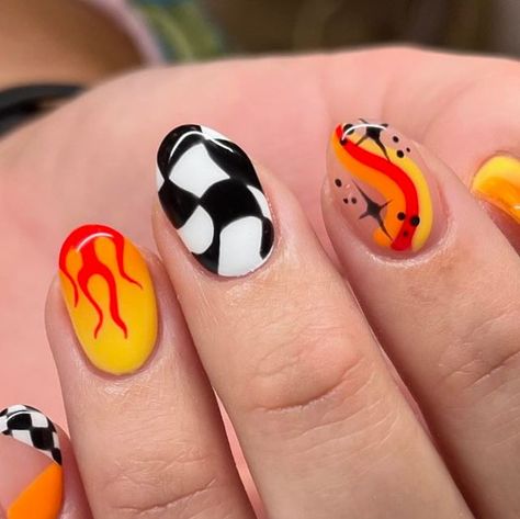 carly on Instagram: "It’s giving…. ✨hot wheels✨ 🏁  100% hand painted   #naturalnails #handpainted #luminarynailsystems #luxapolish #dndgel #pigmentpowder #nailart #nailinspo #nascar #checkerednails #ericasata #naildesign #nailaddict #nailporn #summernails #hotwheels" Hot Rod Nails, Bowling Nails Designs, Car Themed Nails, Race Nails Designs, Race Car Nails Designs, Racing Nail Art, Bowling Nails, Nascar Nails Designs, Hot Wheels Nails