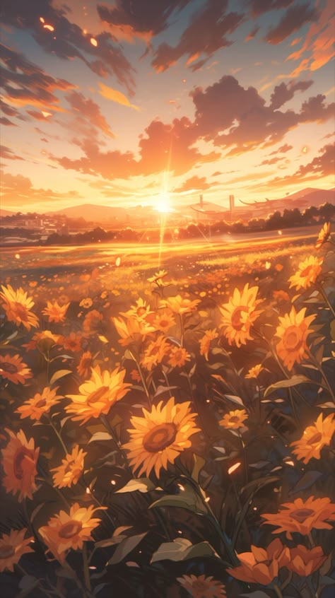 Horizon Aesthetic Wallpaper, Daytime Wallpaper, Sunflower Anime Wallpaper, Sunflower Anime Aesthetic, Anime Sunflower Wallpaper, Sunset Yellow Aesthetic, Sunflower Background Aesthetic, Sun Background Aesthetic, Sunflowers Wallpaper