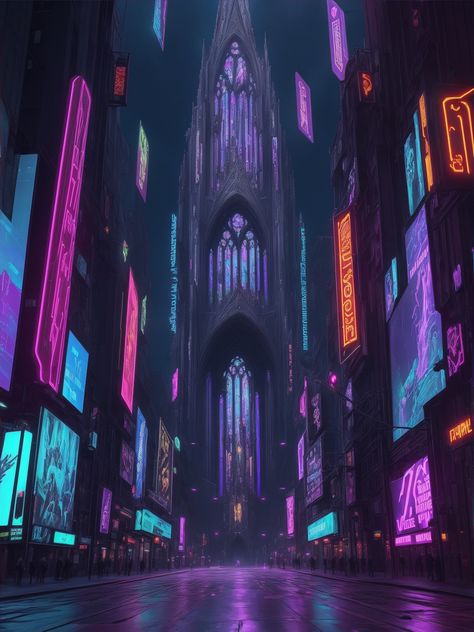 Futuristic Ballroom, Cyberpunk Cathedral, Futuristic Gothic Architecture, Cyberpunk World Building, Scenery With People, Victorian Cyberpunk, Neon Cathedral, Medieval Cyberpunk, Futuristic Medieval