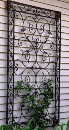 Outdoor Wrought Iron Wall Art, Pergola Plans Roofs, Wrought Iron Trellis, Wrought Iron Wall Art, Exterior Wall Art, Yard Wall, Wrought Iron Wall Decor, Obelisk Trellis, Iron Trellis