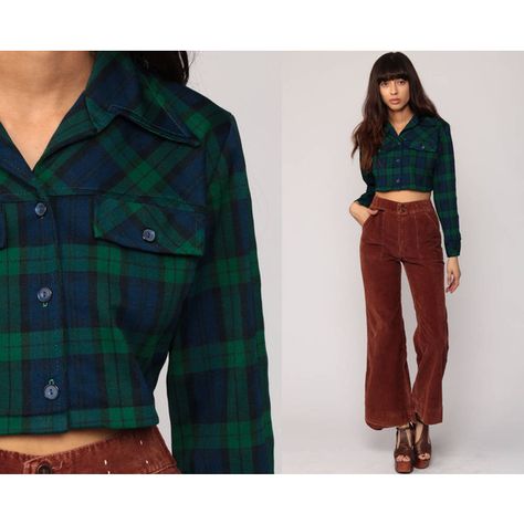 Plaid Shirt 70s Crop Top Cropped Shirt Checkered Blouse Preppy Button... ❤ liked on Polyvore featuring tops, long sleeve button up shirts, long-sleeve crop tops, green button up shirt, green top and plaid shirts Green Check Shirt Outfit, Plaid Top Outfit, 70s Crop Top, Crop Tops Green, Checked Shirt Outfit, Green Button Up Shirt, Checkered Blouse, Plaid Shirts, Top Outfit