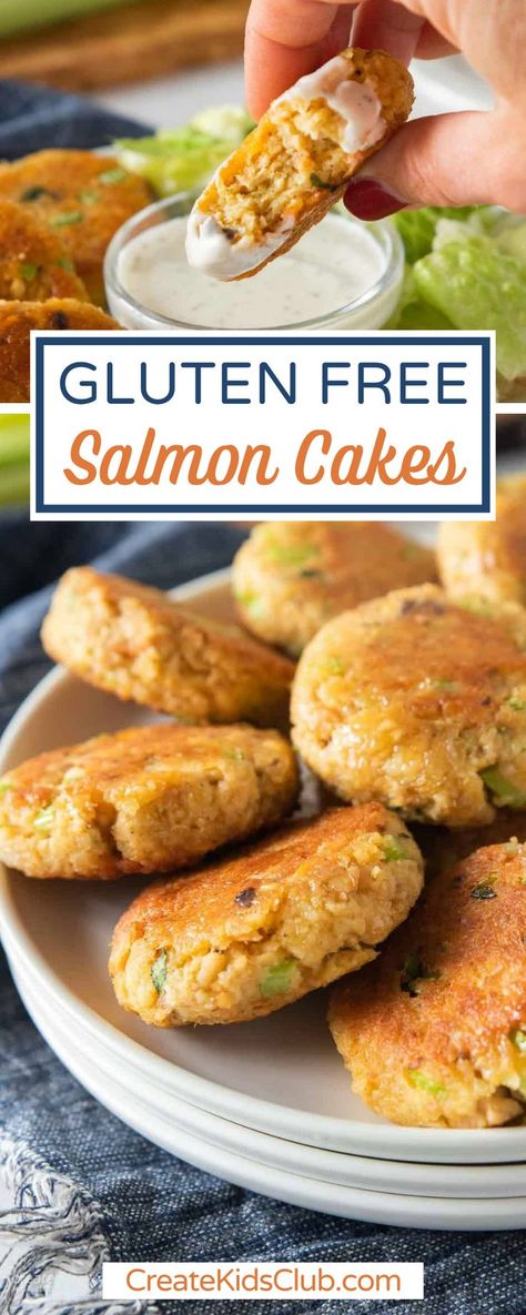 Our gluten-free salmon cakes can be made with canned or fresh salmon, blended with gluten-free breadcrumbs, mayo, celery, and seasonings. Serves as is with your favorite dipping sauce or on a salad, sandwich, or in a wrap. Dairy-free. Salmon cakes, also known as salmon patties, are prepped and ready to serve in under 20 minutes. A delicious weeknight dinner option! Crispy on the outside and moist on the inside, this salmon recipe is kid approved. Gluten Free Salmon Recipes, Gluten Free Fish Recipes, Gluten Free Salmon, Easy Fast Dinner Recipes, Salmon Cakes Recipe, Canned Salmon Recipes, Fish Cakes Recipe, Healthy Gluten Free Breakfast, Gluten Free Fish