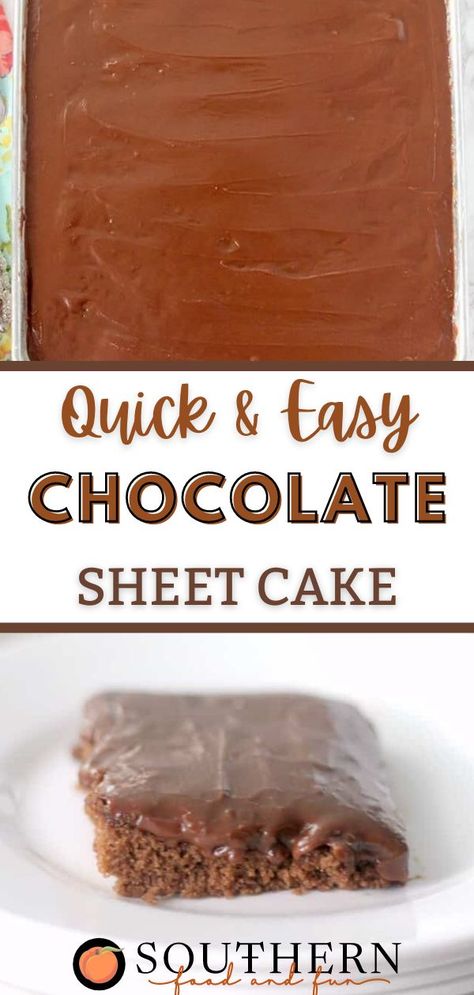 This quick and easy chocolate sheet cake is perfect for a party! It is the best chocolate sheet cake I’ve ever had and I love how easily adaptable it is to other recipes. The hardest part is letting it sit for a while after you frost it so the cake can absorb the frosting. It is chocolate, moist, simple and enough to serve a crowd. Chocolate Cake Sheet Pan, Easy Texas Sheet Cake Recipe, Moist Chocolate Sheet Cake, Easy Chocolate Sheet Cake, The Best Chocolate Sheet Cake, Simple Sheet Cake, Chocolate Sheet Cake Recipe, Peanut Butter Sheet Cake, Texas Sheet Cake Recipe