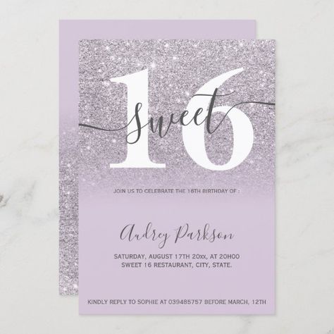 Chic glitter purple lilac ombre girly Sweet 16 Invitation Lavender Sweet 16, Sweet 16 Invitation Ideas, 16 Bday Ideas, Sixteen Birthday Party Ideas, Girly Sweet 16, Sweet Sixteen Birthday Party Ideas, Chic Invitation, Sweet Sixteen Party, 16 Invitations