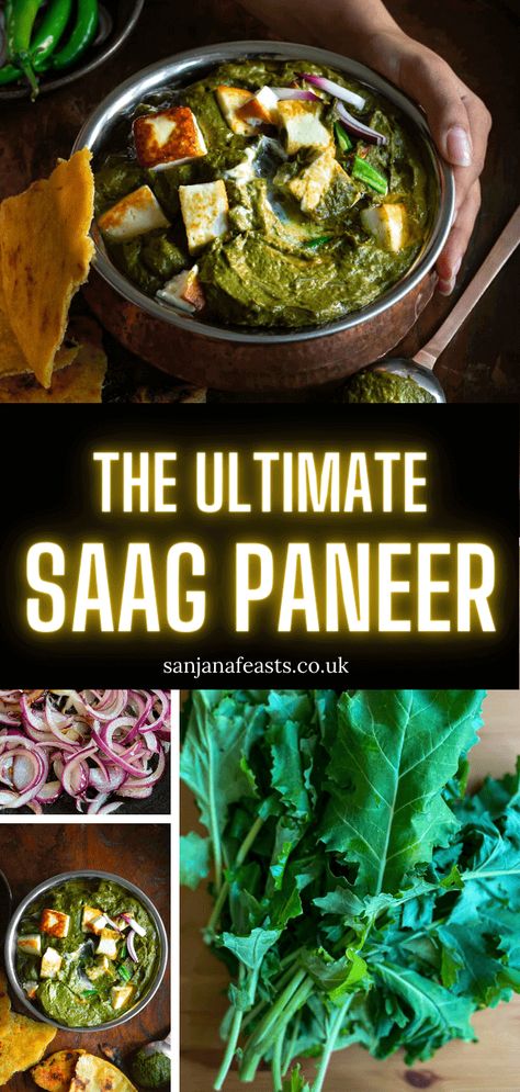 The Ultimate Saag Paneer recipe is pure MAGIC! Soft paneer chunks in a creamy mustard greens & spinach sauce. Every bite will melt in your mouth. A true Indian comfort food meal. Sagg Paneer Recipe, Paneer Spinach Recipes, Spinach Paneer Recipe, Sag Paneer Recipe, Vegetable Paneer Curry, Authentic Saag Paneer Recipe, Indian Spinach Paneer, Saag Paneer Recipe, Sag Paneer