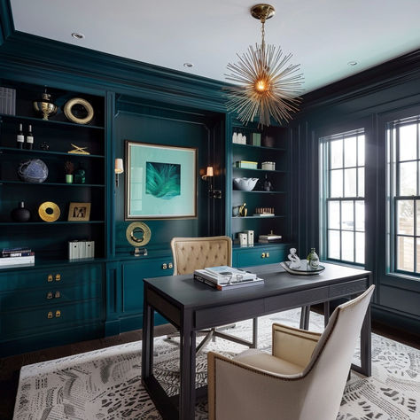 The 11 Best Home Office Paint Colors Good Office Colors, Jewel Tone Office Design, Dark Teal Home Office, Teal And Grey Office, Blue Paint Colors For Office, Teal Office Ideas, Moody Blue Office, Teal Office Decor Ideas, Color Drenched Office