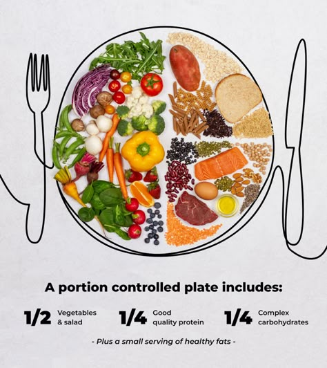 Food Control Tips, Healthy Portion Sizes, Healthy Plate Portions, Plate Diagram, Plate Portions, Portion Controlled Meals, Healthy Food Plate, Portion Size Guide, Nutrition Plate