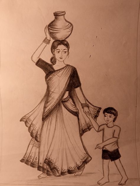 A mother and a son Mother Son Sketch, Mom And Son Drawing Art, Mother And Son Drawing, Son Drawing, Village Drawing, Mothers Day Drawings, Baby Sketch, Pencil Drawing Images, Pencil Drawings Of Flowers