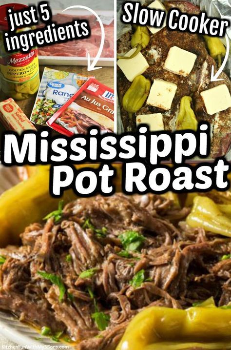 If you're a fan of fall-apart tender chuck roast, then you have to try this Mississippi Pot Roast recipe. Made with only 5 ingredients, it is seriously the most delicious pot roast you will ever eat! Mississippi Pot Roast Recipe, Slow Cooker Mississippi Roast, Slow Cooker Mississippi Pot Roast, Mississippi Roast Recipe, Crockpot Roast Recipes, Pot Roast Crock Pot Recipes, Chuck Roast Recipes, Mississippi Pot, Pot Roast Recipe