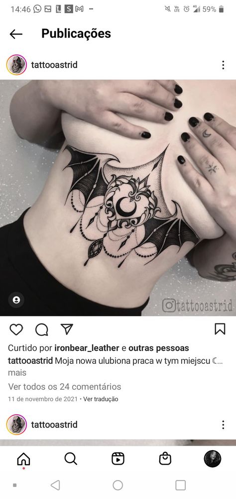 Gothic Belly Tattoo, Halloween Sternum Tattoo, Witchy Underboob Tattoo, Goth Sternum Tattoo, Gothic Sternum Tattoo, Gothic Tattoos, Wiccan Tattoos, Ink Therapy, Underboob Tattoo