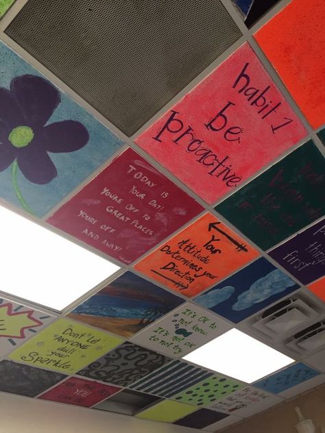 Painting Ceiling Tiles Classroom Ideas, Painting Ceiling Tiles School Ideas, Senior Ceiling Tiles, Ceiling Tile Painting Ideas School, Ceiling Tiles Painted School, Ceiling Tiles Painted, 2023 Classroom, High School Art Lessons, American High School