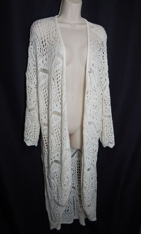 H&M Size M L White Crocheted Open Front Long  Duster Sweater Flowy Boho #HM #Cardigan White Bohemian Handmade Cardigan, White Crochet Duster, White Crochet Trim Long Sleeve Cardigan, White Bohemian Knit Cardigan, White Crochet Trim Cardigan, Duster Sweater, Long Crochet Cardigan, Long Duster, Sweater Duster