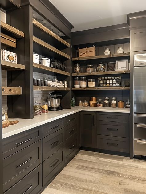 Prep Kitchen Pantry, Walkin Pantry Ideas, Walk In Pantry Design, Walk In Pantry Ideas Layout, Modern Farmhouse Pantry, Walk In Pantry Ideas, Inside Kitchen, Land Ideas, Pantry Layout