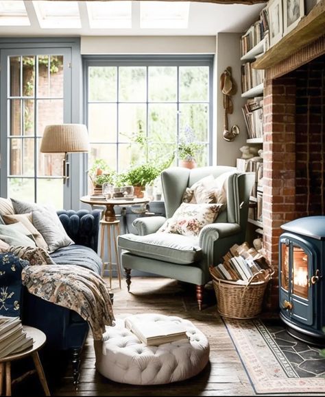 Cotswolds Home Interior, Living Room British Style, Blue Country Bedroom Farmhouse Style, English Country Cabin, Cozy Scottish Cottage, Cottage Blue Living Room, Cosy English Cottage, Cottage Interior Design Living Room, Woodland Cottage Decor