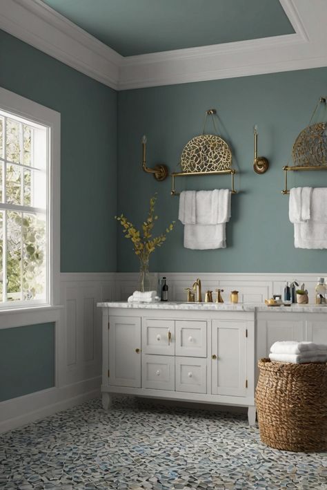 bathroom remodeling, bathroom tile ideas, bathroom decoration, bathroom renovation Bathroom Paint Inspiration Color Schemes, Blue Green Bathroom Paint, Dusty Blue Bathroom Ideas, Cozy Bathroom Colors, Teal And White Bathroom, Color Ideas For Bathroom, Bathroom Colors For 2024, Bathroom Paint Inspiration, Dusty Blue Bathroom