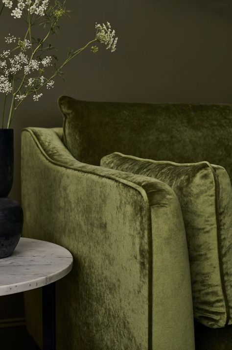 Olive Couch, Paige Wassel, Olive Green Sofa, Shiplap Room, Women Room, Green Sofa Living, Olive Sofa, Norfolk House, Green Velvet Chair