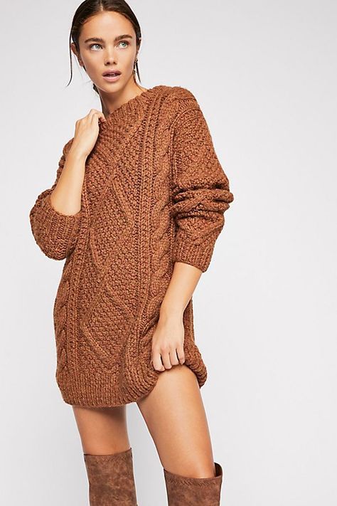 Free People Imogen Cable Knit Sweater Super Mini Dress, Cozy Womens Sweaters, Cable Sweater Dress, Preppy Mode, Brown Sweater Dress, Knitted Sweater Dress, Cable Knit Dress, Perfect Sweater, Sweater Dress Outfit