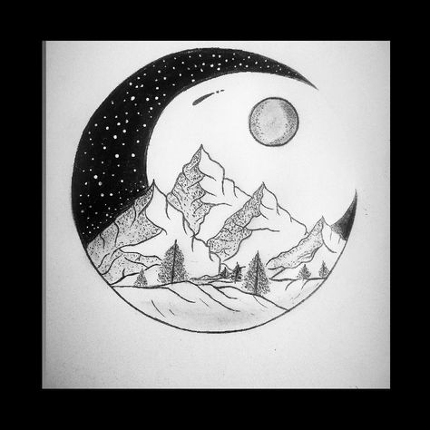 Moon Drawing Pencil Sketches, Drawings Of The Moon, Drawing Of The Moon, Doodles Plants, Painting Idea For Beginners, Circle Sketch, Pencil Sketches Landscape, Mountain Range Tattoo, Dinosaur Silhouette