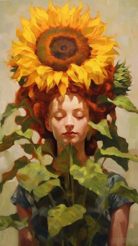 Sunflower Portrait Painting, Blossom Photoshoot, Sunflower Artwork, Painting Of A Woman, Surreal Artwork, Gouache Art, Sunflower Painting, Diy Canvas Art Painting, Art Inspiration Painting