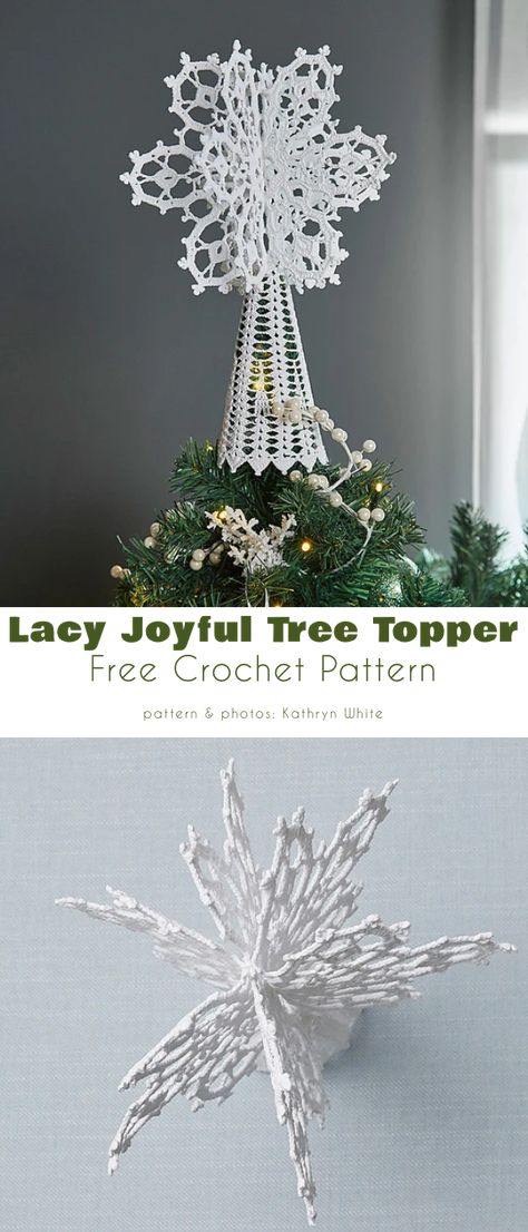 Lacy Joyful Tree Topper Crochet Christmas Tree Topper, Diy Tree Topper, Crochet Topper, Crochet Christmas Tree, Crochet Snowflake, Christmas Leaves, Crochet Tree, Crochet Snowflake Pattern, Crochet Star