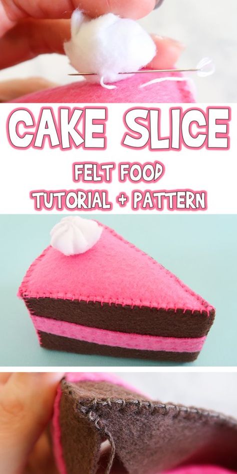 Cake Slice | Felt Food Tutorial + Pattern | Woo! Jr. Kids Activities Felt Food Diy, Felt Food Patterns, Felt Cupcakes, Felt Cake, Food Project, Felt Play Food, Cute Cake, Pretend Food, Food Patterns